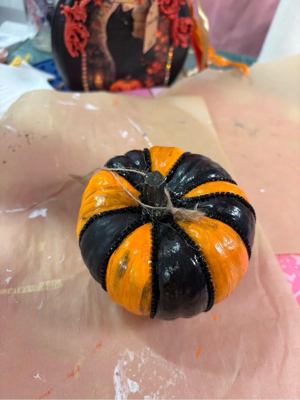 Hand-Painted Orange and Black Decorative Pumpkin - Home Party Supplies
